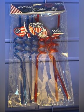 New Americana Straws Patriotic Spiral Drink Straws - Red & Blue USA Flags 6 pc